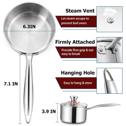 Homikit 2 Quart Saucepan with Lid, 2QT Tri-Ply Stainless Steel Sauce Pan with Ergonomic Handle, Heavy Bottom Small Pot for Kitchen Cooking, Compatible with All Cooktops for Boiling Eggs Warming Milk