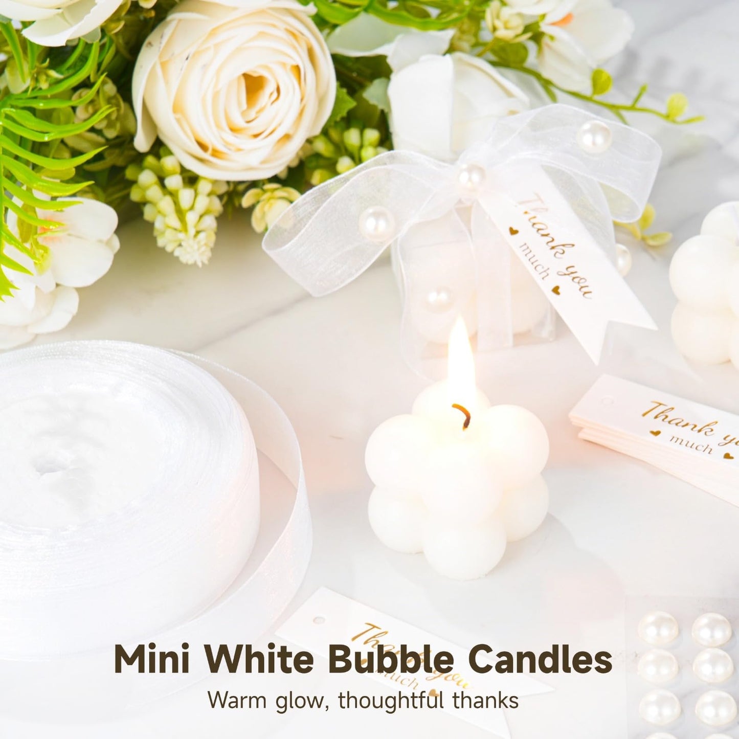 32 Pcs Mini White Bubble Candles, Gifts for Guests Bulk, Including 35 Thank You Cards, Ribbon, Stickers, Scissors, for Wedding, Bridal Shower, Baptism Favors