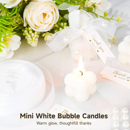 32 Pcs Mini White Bubble Candles, Gifts for Guests Bulk, Including 35 Thank You Cards, Ribbon, Stickers, Scissors, for Wedding, Bridal Shower, Baptism Favors