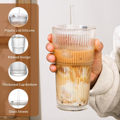 AUFXKOO 20oz Ribbed Glass Cups with Lids and Straws,1PCS Glass Tumbler with Straw and Lid,Iced Coffee Cups Drinking Glasses for Juice Whiskey Cocktail Beer
