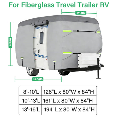 RV Cover, Travel Trailer, Lightweight Waterproof Camper Cover with Tire Covers, Tongne Jack Caps, Windproof Straps Winter Campsite,All-Weather Protection (13-16FT Fiberglass Travel Trailer Cover)