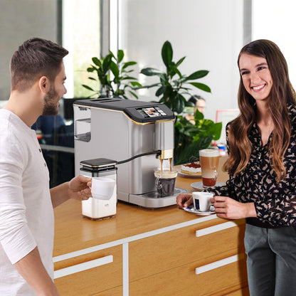 PioneerWorks Full Automatic Espresso Machine with Built-In Grinder & Milk Frother - FTF Touchscreen Coffee Maker for Latte/Cappuccino, 20 Bar Pressur & 1.5L Water Tank, 1350W, Gold