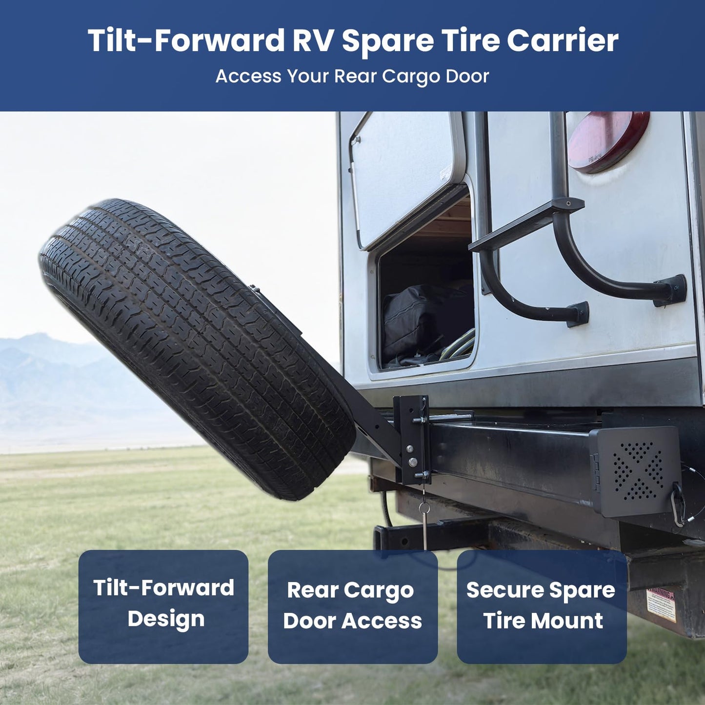 Safoner Heavy-Duty Tilt-Forward RV Spare Tire Carrier for 4" Rear Square Bumpers, Weld-Free Aluminum Trailer Spare Tire Mount, 22" High-Clearance Design Reduces Scraping, Camper Essentials Accessories