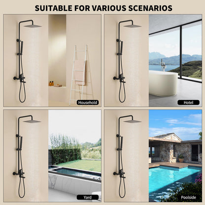 HANJAI Exposed Shower System 10" Matte Black Rainfall Shower Head with 2 Modes Handheld and Tub Faucet Set, Square Shower Head 3 Functions Outdoor Shower Fixtures with Brass Valve, Height Adjustable
