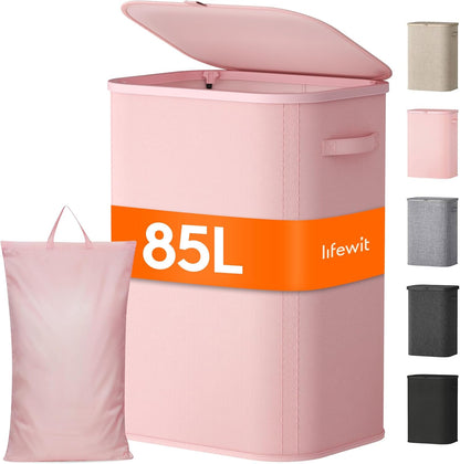 Lifewit 85L Large Laundry Basket - Foldable Hamper with Lid & Removable Bag - Pink
