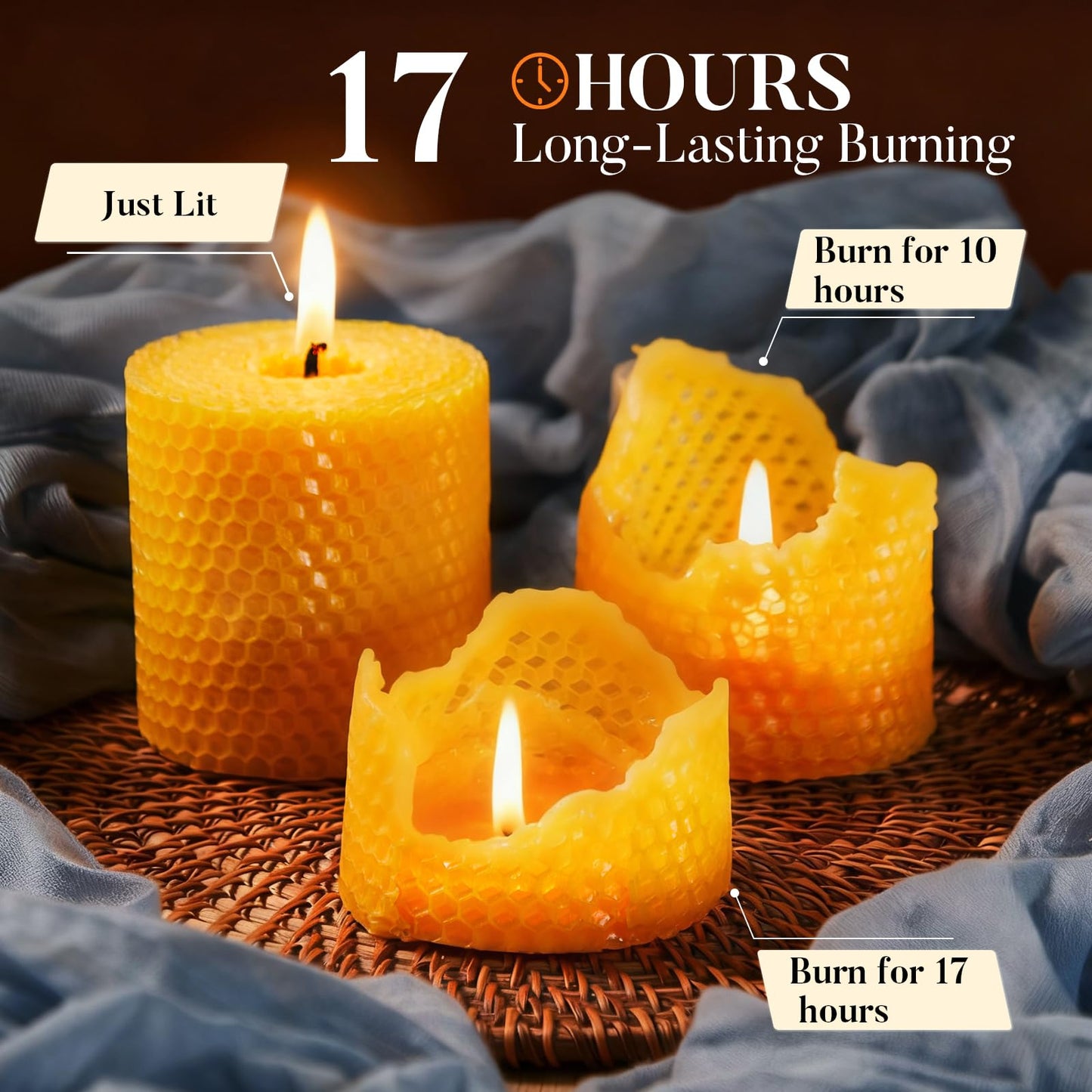 Ashlux Beeswax Pillar Candles 3 Pack, 3x3 Inch Unscented Dripless Pure Natural Bees Wax, Hand-Rolled Honeycomb Decorative Candle for Home Decor, Prayer, Wedding, Meditation, Gifts Set