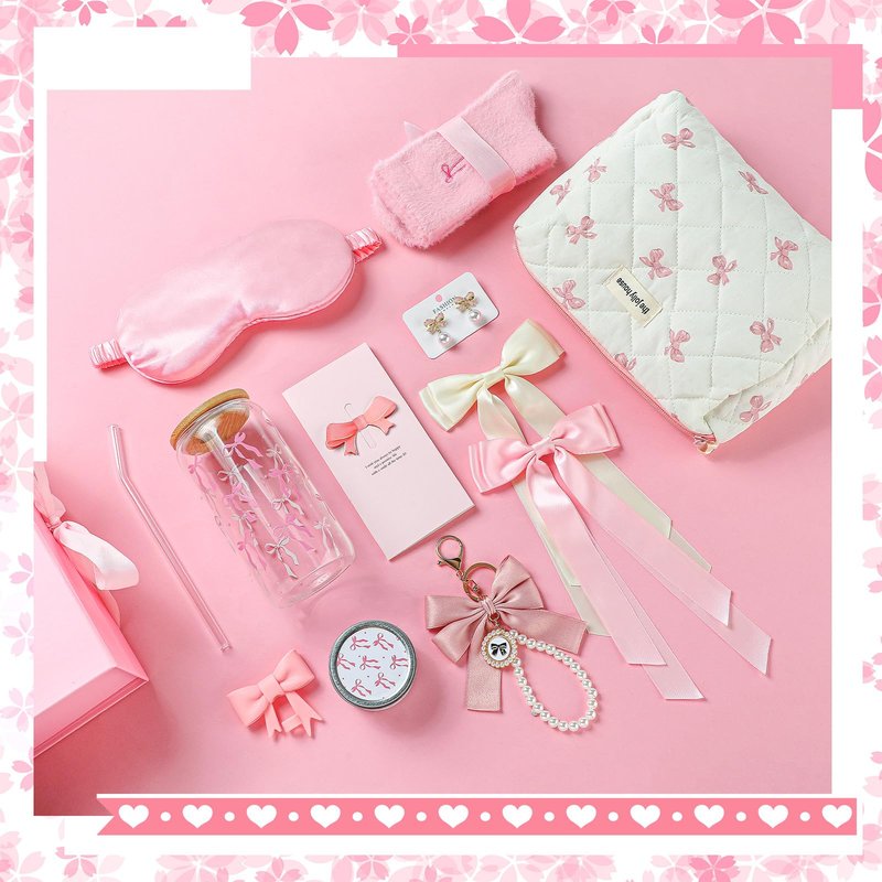 Skylety Pink Bow Gift Baskets for Teen Girls, Women Mothers Day Gifts Trendy Stuff Coquette Bow Teen Girl Birthday Self Care Box Gift for Her, Sister Friend Women Sweet 16th 18th 21st Box