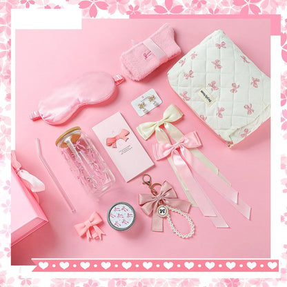Skylety Pink Bow Gift Baskets for Teen Girls, Women Mothers Day Gifts Trendy Stuff Coquette Bow Teen Girl Birthday Self Care Box Gift for Her, Sister Friend Women Sweet 16th 18th 21st Box