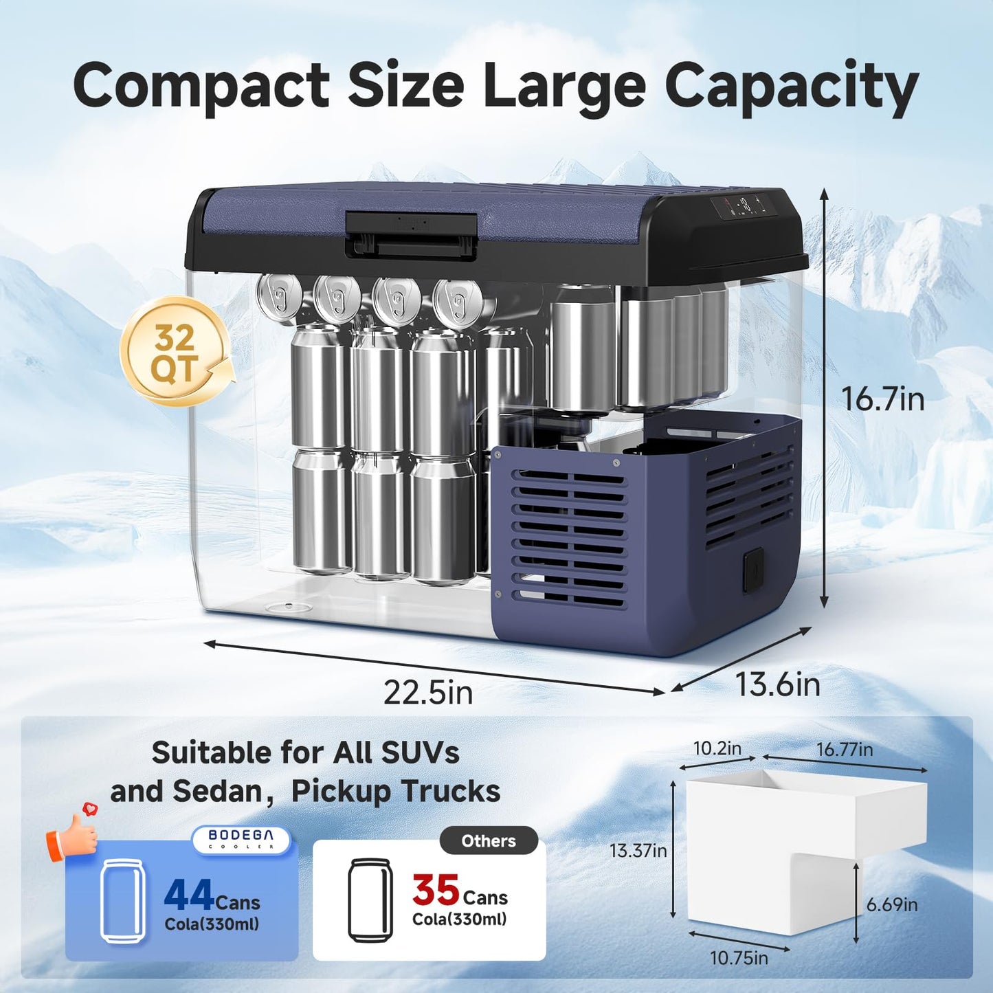 BODEGA 12 Volt Car Refrigerator 32 QT Portable Freezer IPX4 Waterproof Car Fridge Electric Cooler for Truck Van Camping Travel DC Compressor Ultra-Quiet 31dB 12/24V DC 110-240 Volt AC,-4℉ to 68℉