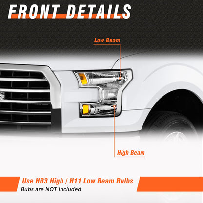 AXLAHA Headlight Assembly for 2015 2016 2017 Ford F150 with Chrome Housing Amber Reflector Driver and Passenger Side (Not compatible on models with LED or HID headlights)