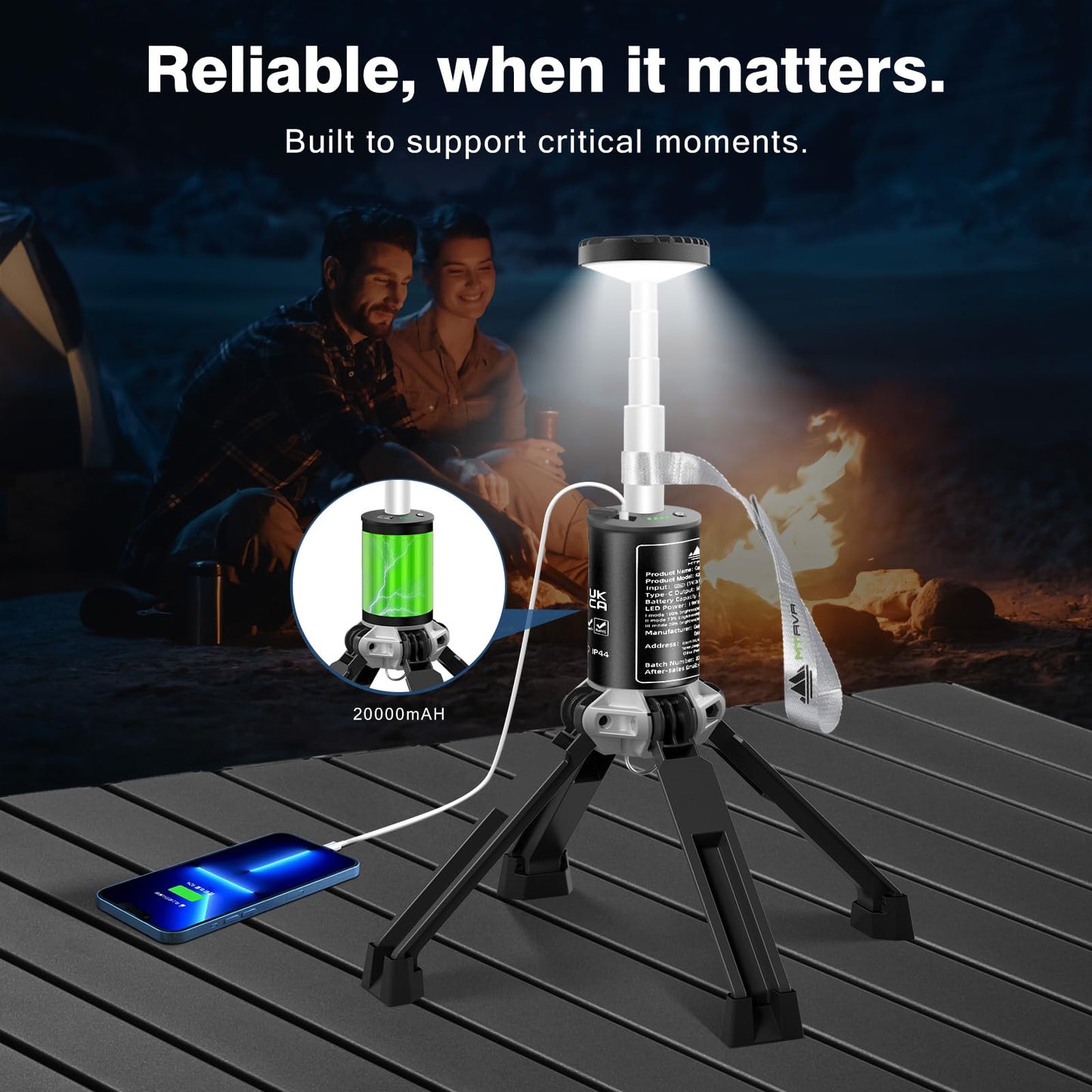 MTRVR Premium Telescopic Camping Lantern – 20000mAh Rechargeable LED Outdoor Light, IP44 Water-Resistant, Aluminum Telescopic Pole & Foldable Tripod – 21H Long-Lasting Emergency, RV & Camping Lighting