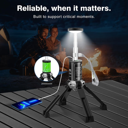 MTRVR Premium Telescopic Camping Lantern – 20000mAh Rechargeable LED Outdoor Light, IP44 Water-Resistant, Aluminum Telescopic Pole & Foldable Tripod – 21H Long-Lasting Emergency, RV & Camping Lighting