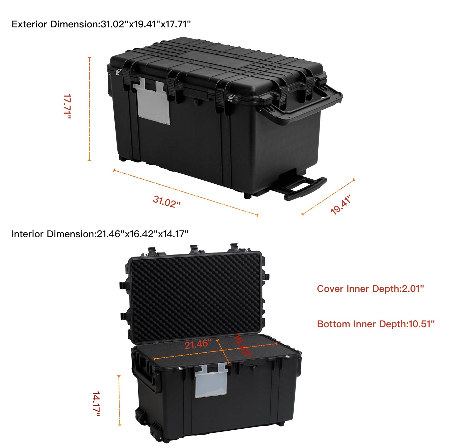 MEIJIA Portable Rolling Waterproof Protective Case,Hard Compact Case With Retractable Pull Handle And Wheels,Customizable Fit Foam Inserted,Elegant Black, 31.02" X19.41" X17.71"