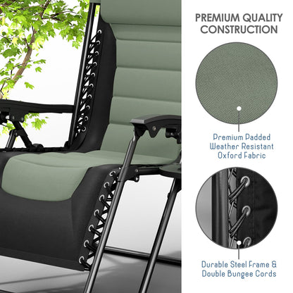 Nestl Outdoor Padded Zero Gravity Chair Set of 2, Patio Lounge Chair Outdoor Recliner, Oversized Anti Gravity Lounger with Adjustable Headrest and Cup Holder, Foldable for Camping- Black/Sage Green