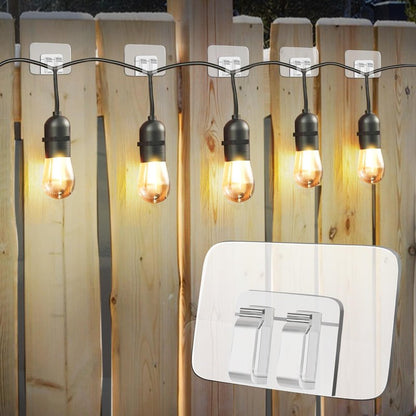 80Pcs Hooks for Outdoor String Lights Clips: Heavy Duty Cable Clips with Waterproof Adhesive Strips for Hanging Christmas Light - Outside UV-Resistant Clear Sticky Cord Holders Rope Organizer