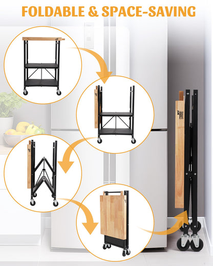 Mythinglogic Foldable Kitchen Storage Cart, 3-Tier Rolling Cart with Solid Oak Top, Heavy-Duty Metal Utility Rack for Microwave, Pots, Dish Set, Meal Prep Area, Kitchen Island on Lockable Wheels
