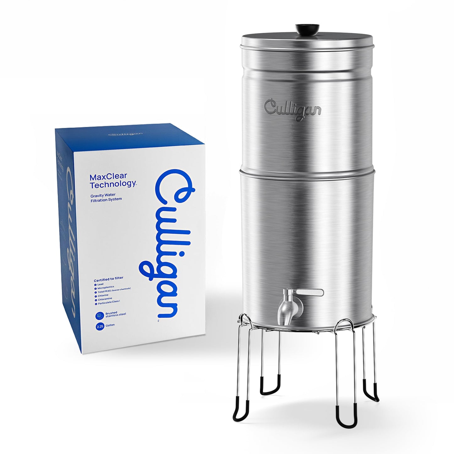 Culligan MaxClear 2.25 Gallon Gravity Water Filter System, Brushed Stainless-Steel Countertop Water Filter NSF/ANSI Certified to Reduce Microplastics, Lead & Total PFAS, with 2 Ceramic Filters