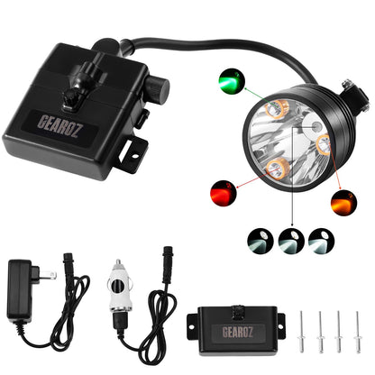 GearOZ 10W Coon Hunting Lights, 45000LUX Hunting Headlamp for Coyotes Hog Predators, Rechargeable & Waterproof, 6 Lighting Modes, 4 Powerful LEDs (White Red Green Amber) for Night Working