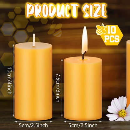 Threlaco 10 Pcs Pure Beeswax Candles Set Natural Unscented Beeswax Pillar Candle 2 x 3 Inch 2 x 4 Inch Smokeless Bees Wax Long Burn Time Scentless Candles for Prayer Room Decoration Home Relax