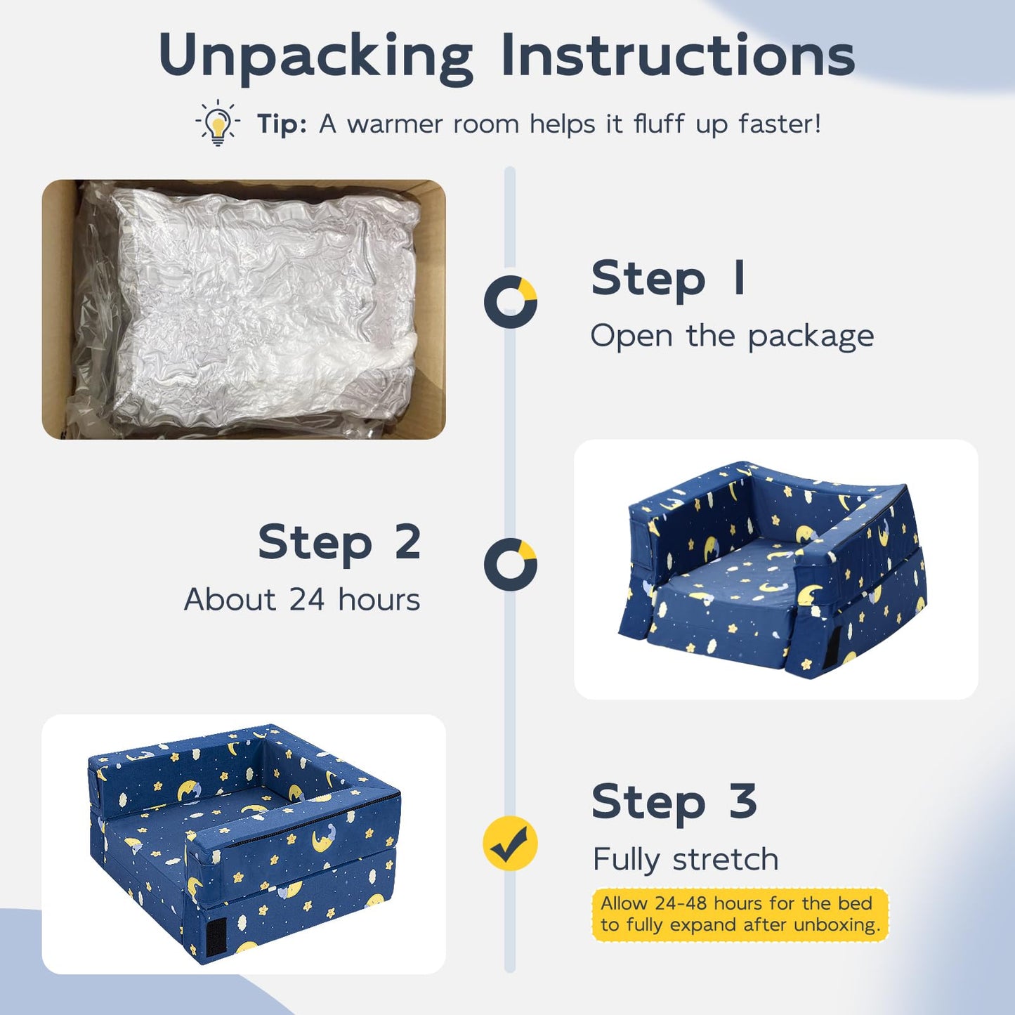 FRUITEAM Portable 3-in-1 Toddler Travel Bed, Soft Fabric & High-Density Foam, Easy-Clean Machine Washable Cover with Moon Star Cloud Print for Camping & Indoor/Outdoor Use - Blue