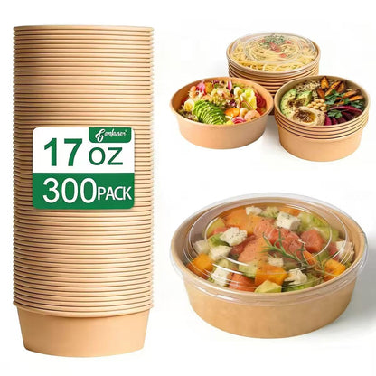 300 Pcs Disposable Round Paper Bowls with Lid 17 oz, Microwave Deli Containers Leakproof Acai Bowls, Salad Bowlwith Lid for Lunch, Disposable bowls with lids for Soup Toppings Snack Camping Family