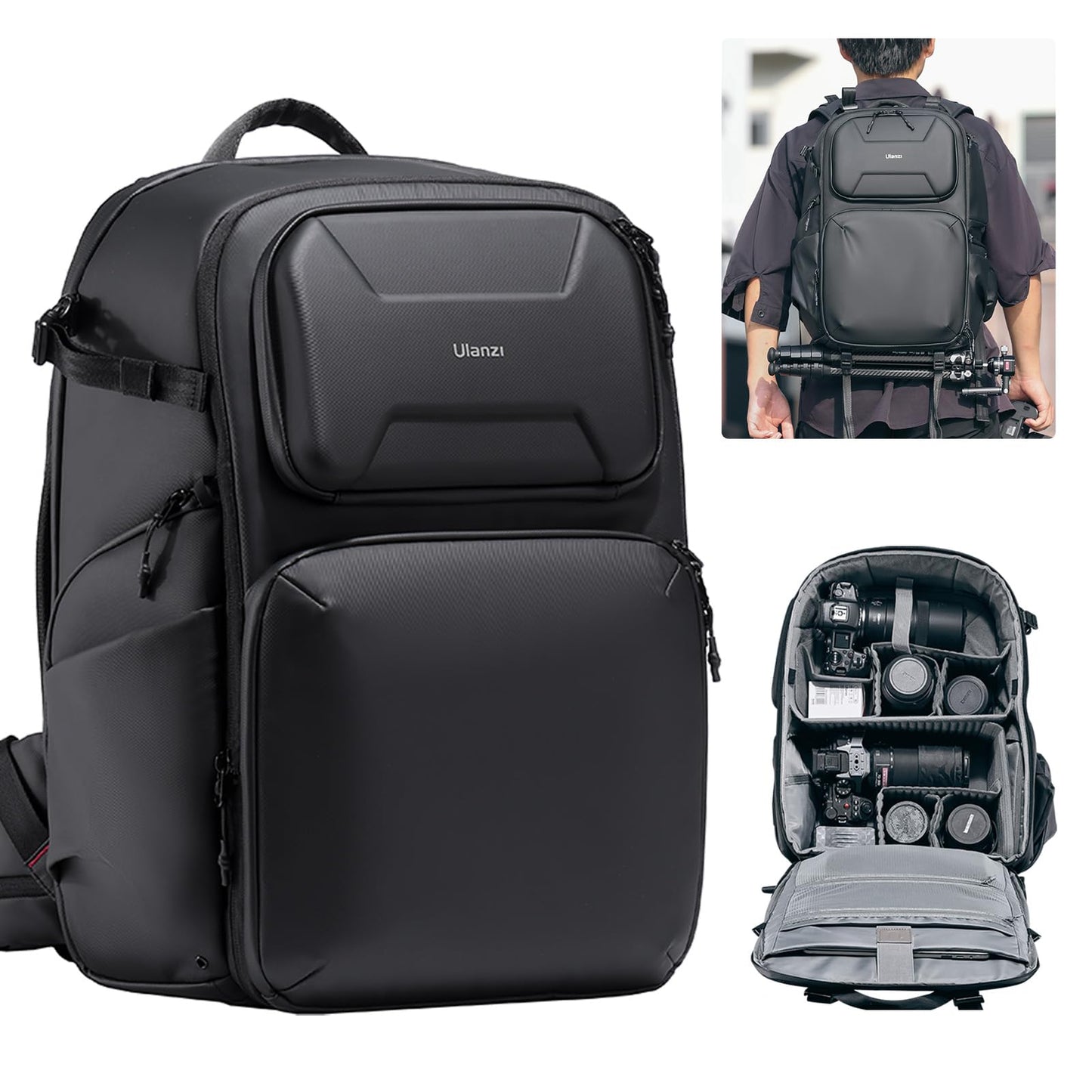 ULANZI BP10 Hardshell Camera Backpack 35L for DSLR Professional Photography Video Accessories Travel Tripod Strorage Large Splash-proof Hardshell Bag for Sony Canon Women Men w Tripod&Laptop Holder