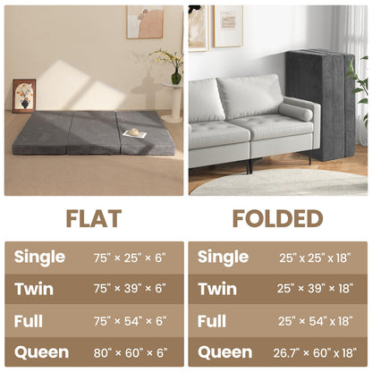 feliz home 6-Inch Tri-Folding Mattress Queen Size - Foldable Futon Sofa Bed with Removable Washable Cover, Folding Futon Mattress | Non-Slip Bottom & Carry Handles for Guest, Camping, Dorm