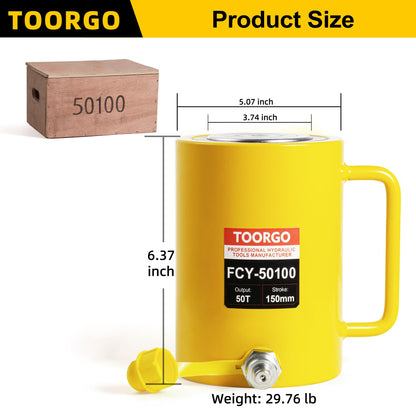 TOORGO 50T 4Inch Stroke Porta Power Single Acting Lifting Cylinder for Shipbuilding, Machinery and Industry,Automatically Retract Split Hydraulic Cylinders Jacks, Yellow