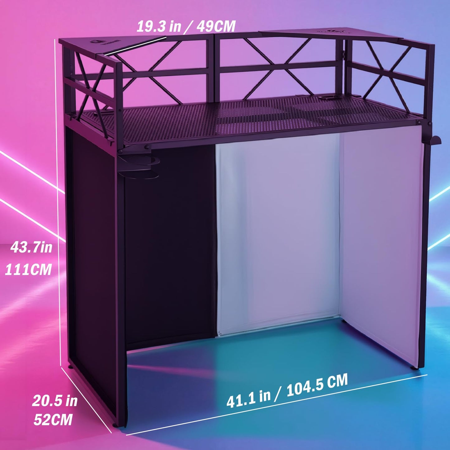 DJ Booth - Adjustable Height (33inch / 37.8inch), Portable DJ Table Stand with Carry Bag, Black & White Blackout Cloth, Foldable DJ Facade Booth for Event, Parties, Festival, Clubs (41.1 x 20.5inch)