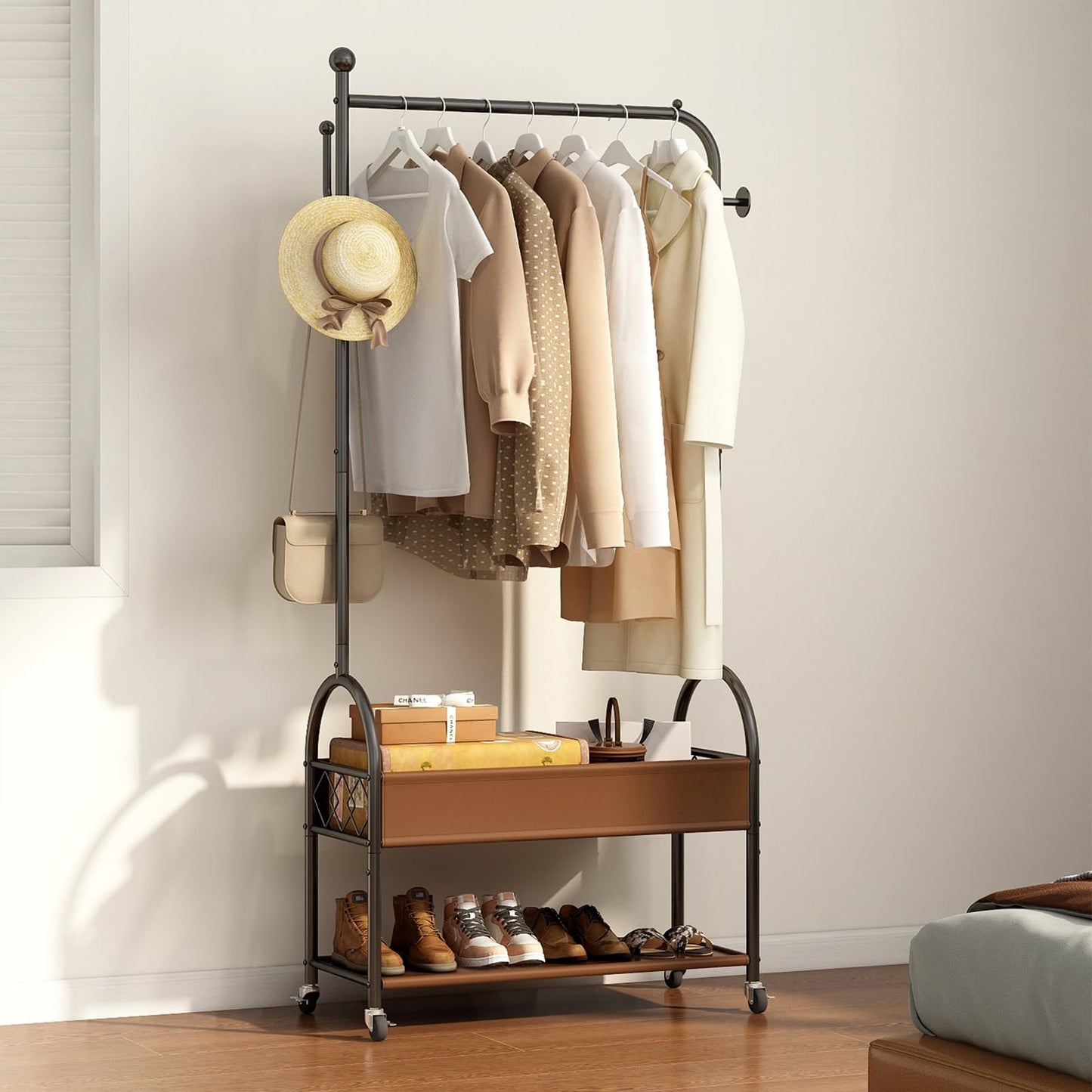 Portable Rolling Anywhere Clothes Racks for Hanging Clothes, Heavy Duty Metal Garment Rack, Freestanding Clothing Rack with Smooth-Rolling Wheels,Double Layers Wardrobe Rack Organize Everything