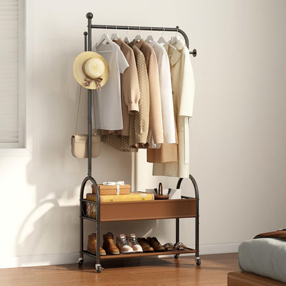 Portable Rolling Anywhere Clothes Racks for Hanging Clothes, Heavy Duty Metal Garment Rack, Freestanding Clothing Rack with Smooth-Rolling Wheels,Double Layers Wardrobe Rack Organize Everything
