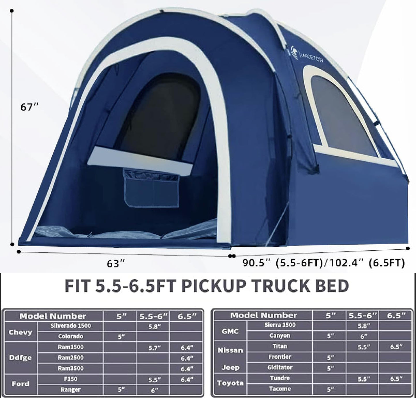 Lanceton Pickup Truck Tent, Fit 6.5 Foot Truck Bed, Waterproof PU3000mm high Density Polyester Oxford, Windproof Pole and Insect-Prevention Double Layer Mesh Window & Door, Unique Rear Window Pipe