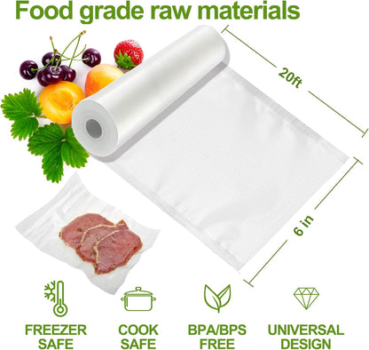 W&Y Vacuum Sealer Rolls - BPA-Free Commercial Grade Embossed Bags | 6” x 20’, 3 Rolls for Food Storage