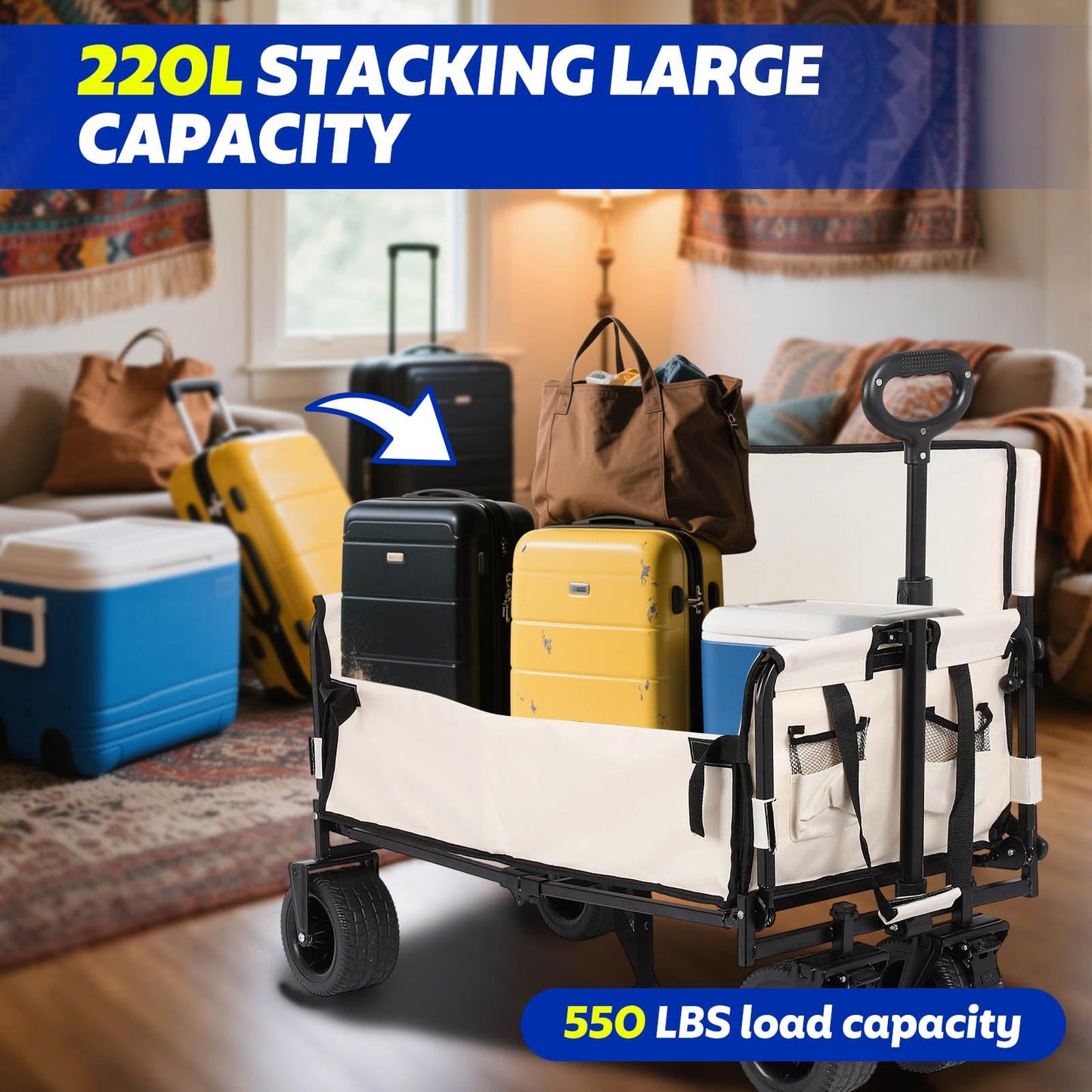 Portable Collapsible Folding Wagon, 550LBS Heavy Duty Utility Carts,Reclining Camper, Expandable Storage, Padded and Wheeled, All Terrain Wheels, Great for Camping, Outdoors, Shopping (White)