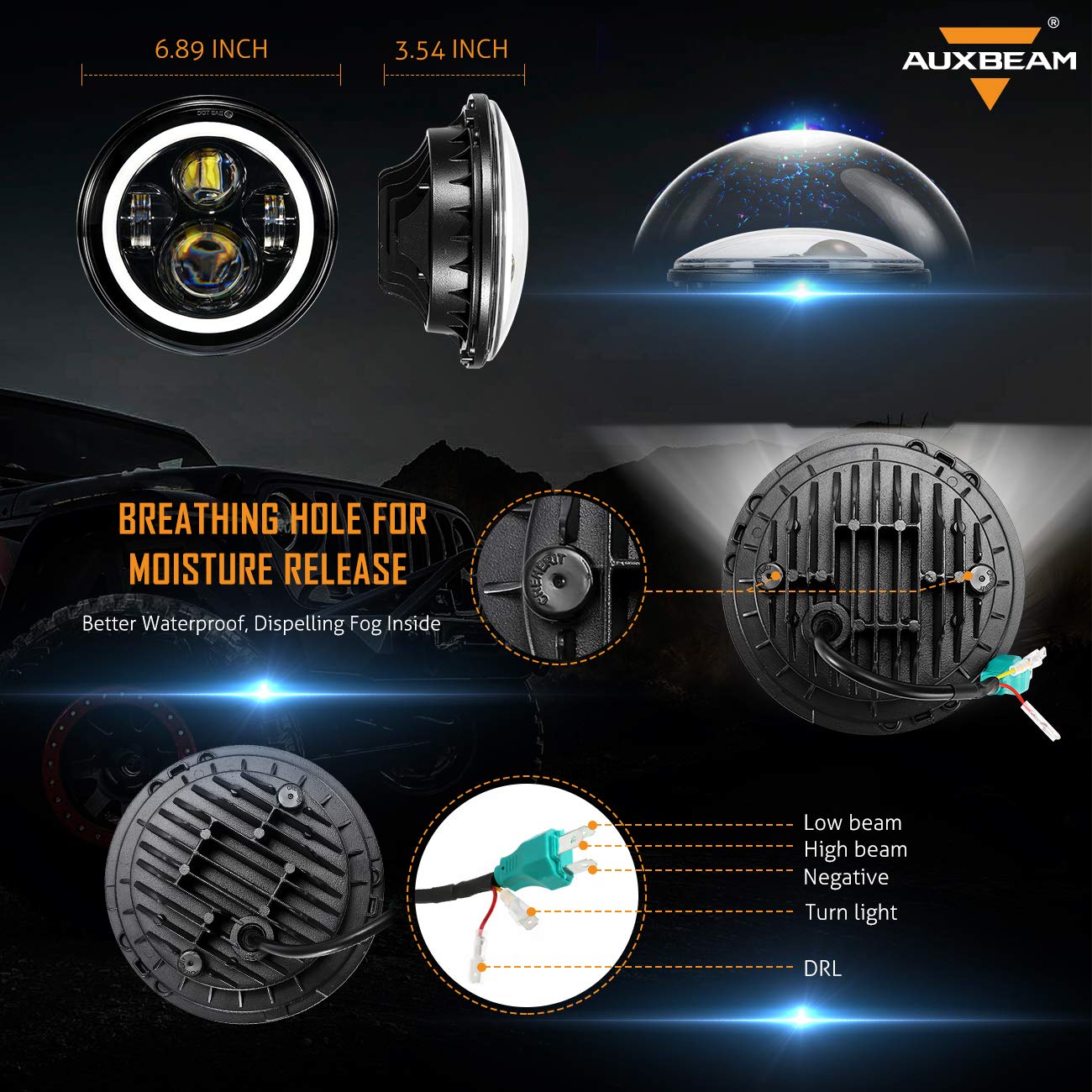 Auxbeam 7 Inch LED Headlights DOT Approved for 1997-2018 Jeep Wrangler JK JKU Unlimited TJ LJ CJ, 7" Round Headlamps for Rubicon Sport Sahara Peterbilt, H6024 Headlights w/DRL & Amber Turn Signal