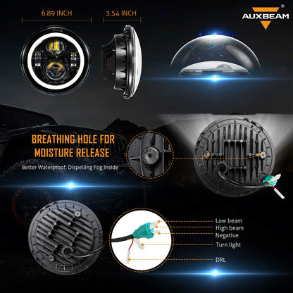Auxbeam 7 Inch LED Headlights DOT Approved for 1997-2018 Jeep Wrangler JK JKU Unlimited TJ LJ CJ, 7" Round Headlamps for Rubicon Sport Sahara Peterbilt, H6024 Headlights w/DRL & Amber Turn Signal