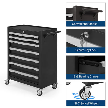 7-Drawer Tool Chest, Rolling Tool Cart, Large Capacity Tool Storage Cabinet with Keyed Locking and Drawer Liners, Link Buckle, and Can Be Combined to Large Cabinet Set, for Garage, Workshop, Warehouse