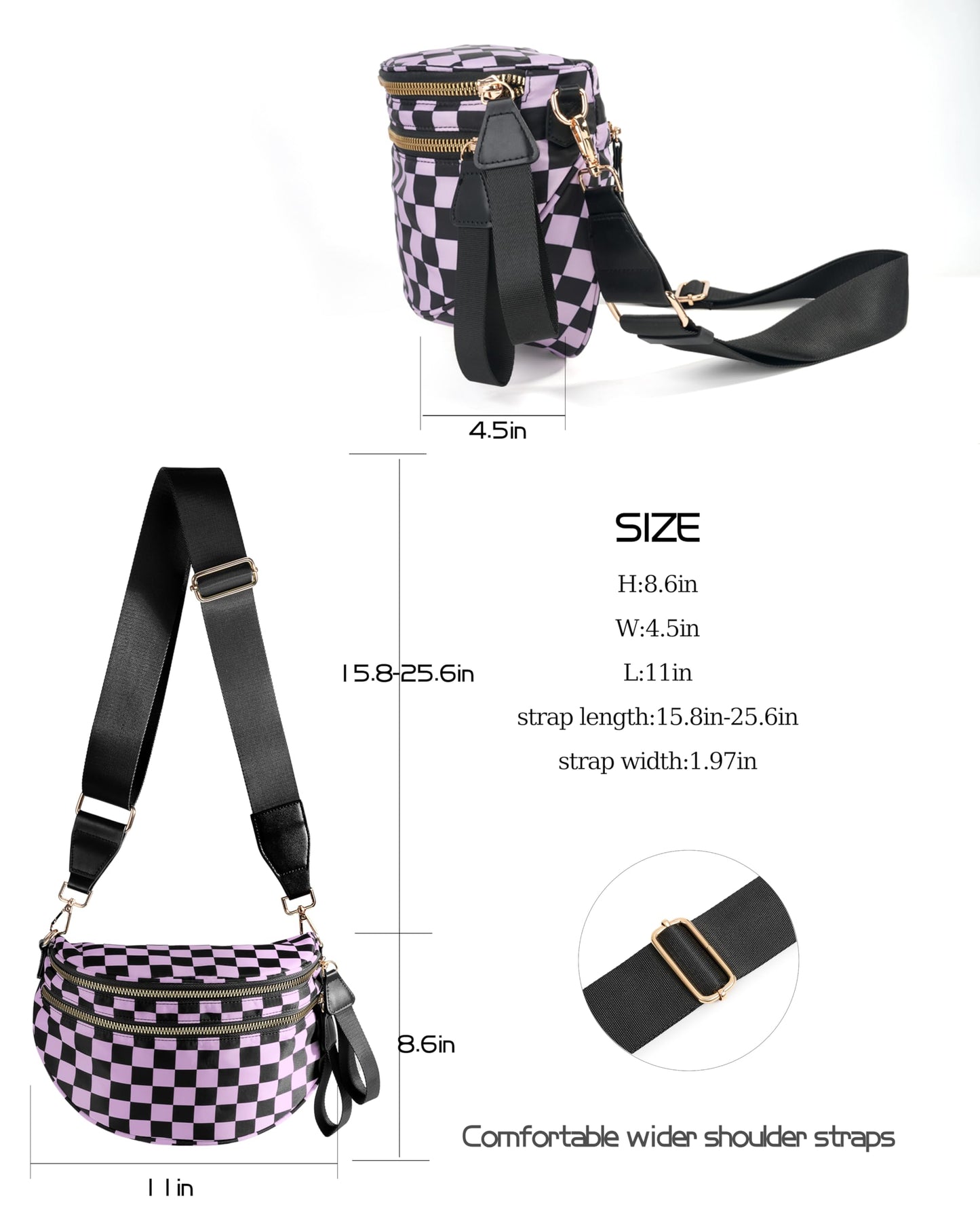 Spacious Checkered Nylon Crossbody Bag Bum Bag Checkered Handbags Wallets for Women