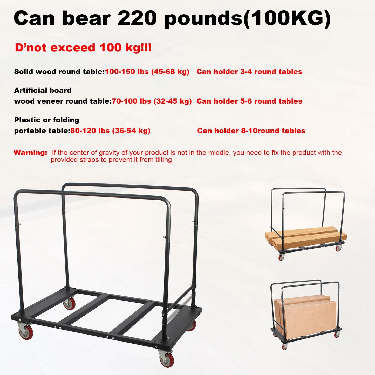 Folding Table Cart, Heavy Duty Table Trolley with 5 Inch Swivel Wheels and Locking Wheels for Round Folding Table 60 Inch, Black Table Rack for Garage, Home, Warehouse, Party Event Hotel Furniture