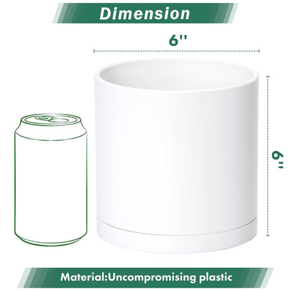 D'vine Dev 2 Pack 6 Inch Modern Plastic Plant Pots, Small Garden Planters for Plant with Drainage Holes and Saucers, White Color, 74-Z-J-1