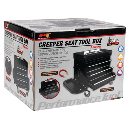 Performance Tool W85025 3-Drawer Rolling Tool Chest Seat With Magnetic Side Trays, Black