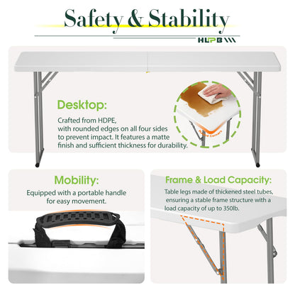 HLPB 6 FT Narrow Folding Table 2 PCS, Tabletop Fold-in-Half, Thickened HDPE Material and Thicker Metal Frame, Foldable Table with Handle & Safety Locks, Perfect for Meeting, Party, White