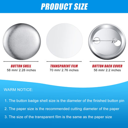 150 Pcs Blank Button Making Supplies Round Button Parts Metal Badge Sets for Badge Maker Machine, Include Metal Shells Back Cover Clear Film Components(58 mm/ 2.28 Inch,Silver)