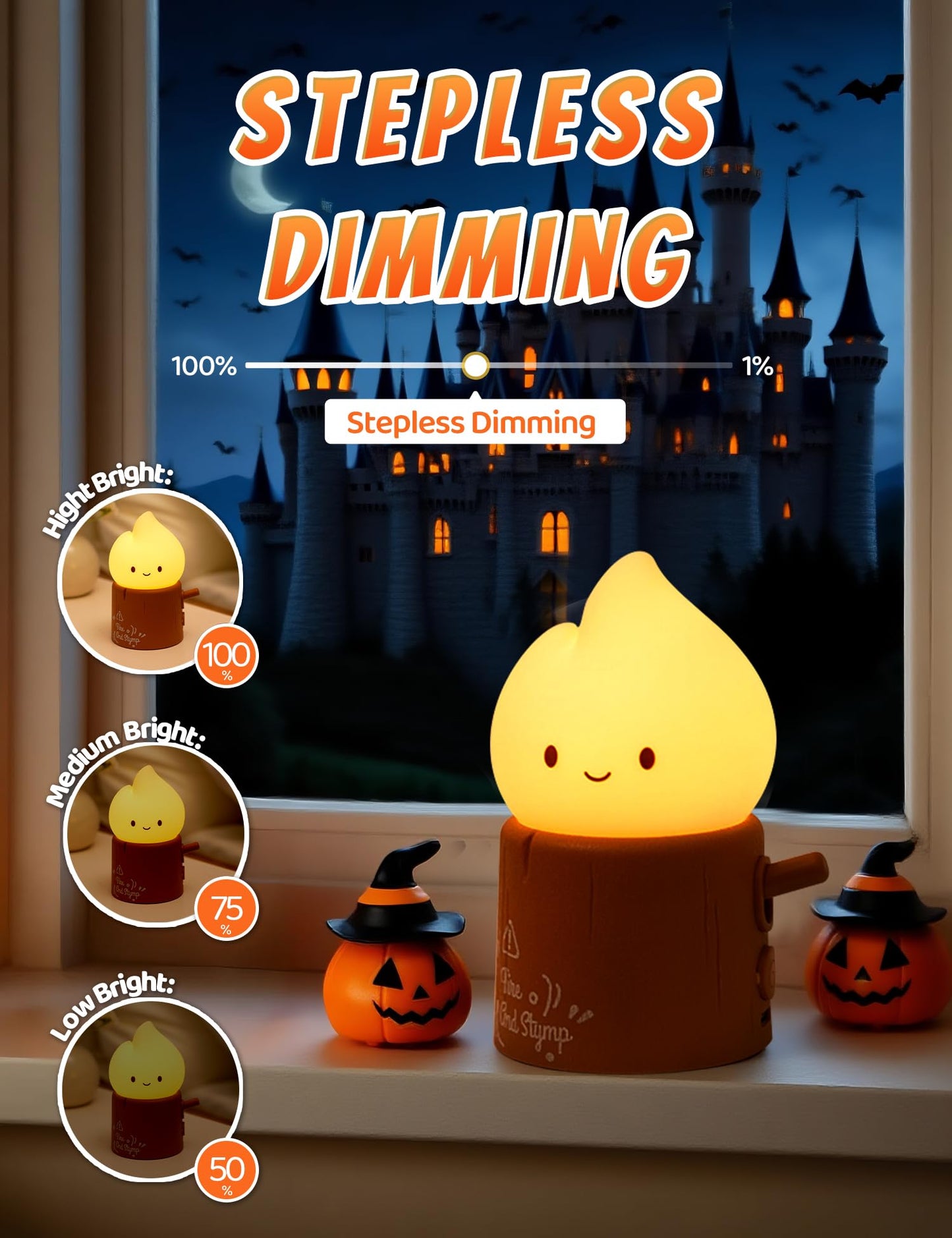 Cute Ghost Campfire Lamp, Halloween Decor,Kids Night Light，Adjustable Dimmable Rechargeable Night Light for Kids, Girls, Boys Gifts,Halloween,Christmas Decorations