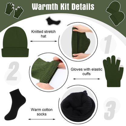 Chicingyou 120 Pcs Homeless Care Package Supplies Bulk Winter Emergency Thermal Blankets Warmer Beanie Socks Touchscreen Gloves for Men Women Cold Weather Outdoor Survival Kits (Green,Black)