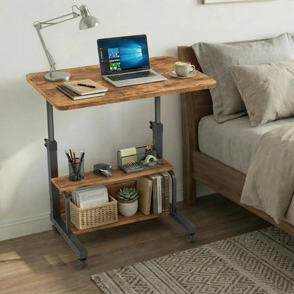 WINAZ C Shaped Rolling Laptop Desk - 32" Rustic Brown Mobile Portable Small Desk with Wheels for Small Spaces, Height Adjustable Overbed Table with 2-Tier Storage Shelves