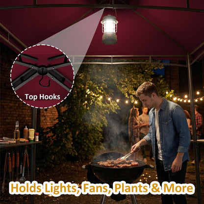 CHARMELEON 8x8 FT Grill Gazebo,Grill Canopy with Big Awning&2 Side Shelves&6 Hooks,Powder-Coated Steel BBQ Shelter for Patio Backyard Outdoor Grilling-Burgundy
