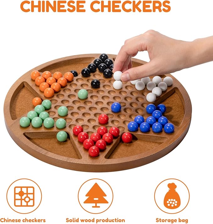 12-Inch Wooden Chinese Checkers Set - Classic Round Design with 60 Acrylic Marbles in 6 Vibrant Colors - Includes 12 Bonus Spare Marbles - Family Strategy Board Game for Kids and Adults