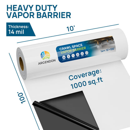 ARGENDON 14 Mil Vapor Barrier for Crawl Space - 10' x 100' Thick Plastic sheeting, Drop Cloth Moisture Barrier Covering for Crawlspace Encapsulation, Commercial & Residential Use