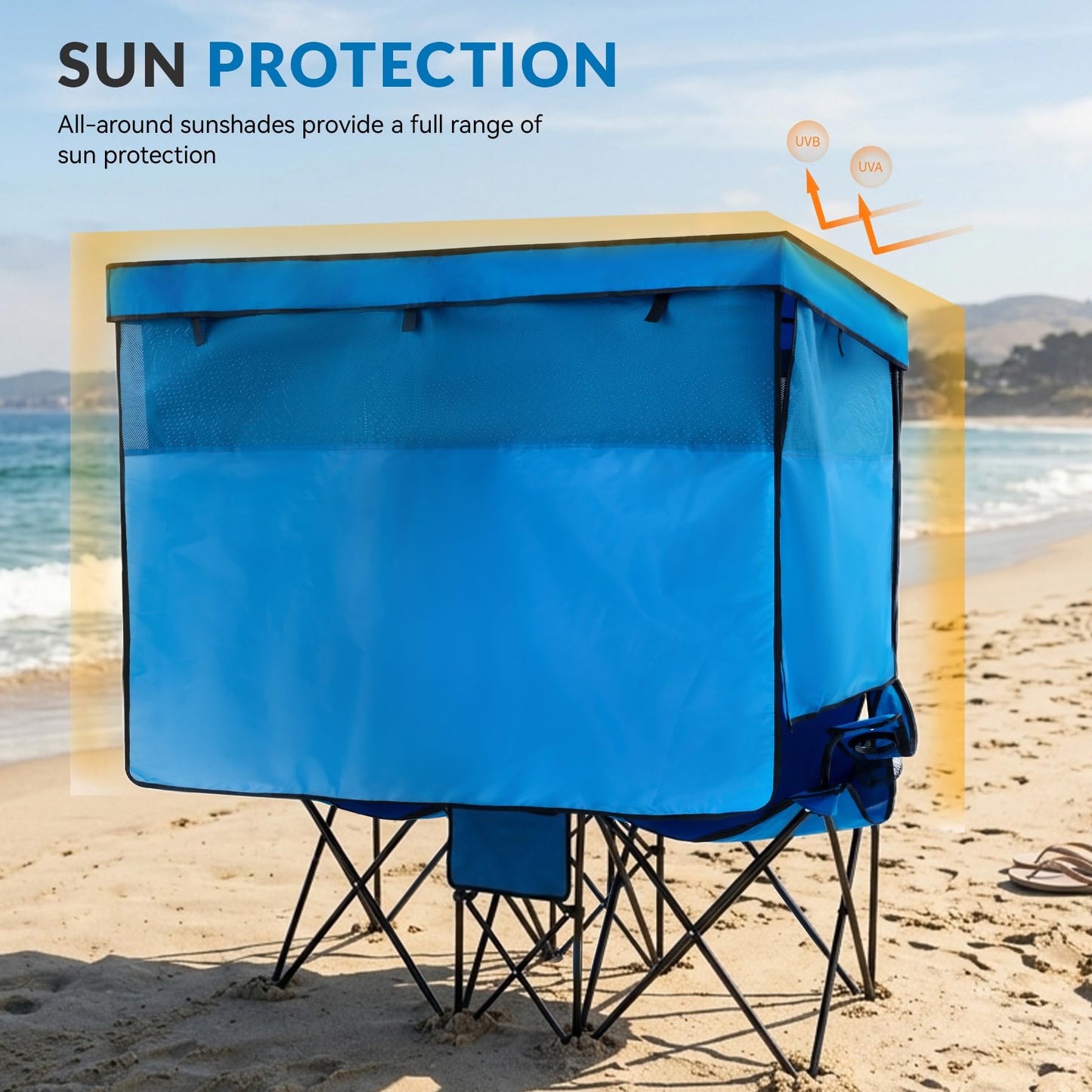 WTVIDAS Double Beach Chair with Canopy Shade Oversized Camping Chairs with Cooler Bag&Cup Holders Folding Loveseat for Outside Lawn Camping
